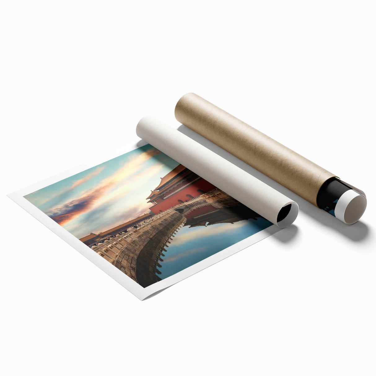 Extra large rolled print of Beijing scenery with floral motifs in muted colors.