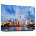 Acrylic print of Shanghai skyline in muted grays and blues, suitable for bedroom or dining room decor.