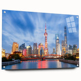 Acrylic print of Shanghai skyline in muted grays and blues, suitable for bedroom or dining room decor.