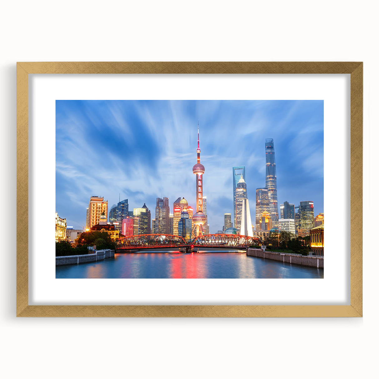 Extra large abstract art print of Shanghai skyline in muted gold and gray tones on a textured canvas, framed.