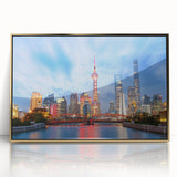 Acrylic print of Shanghai skyline in gold and black tones, framed, ideal for modern art wall decor.