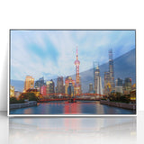Acrylic print of Shanghai skyline in art deco style with muted gray and blue tones, ideal for modern art wall decor.