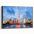 Black and white framed canvas of Shanghai skyline, featuring vintage poster art style, ideal for bedroom wall decor.