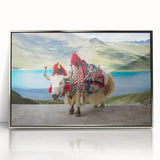 Mid-century modernist art depicting a Tibetan landscape in muted earth tones, framed acrylic, ideal for nursery wall art.