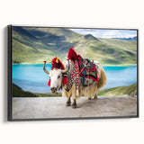 Black and white framed canvas of a Tibetan landscape, ideal for bedroom wall art with a vintage poster style.
