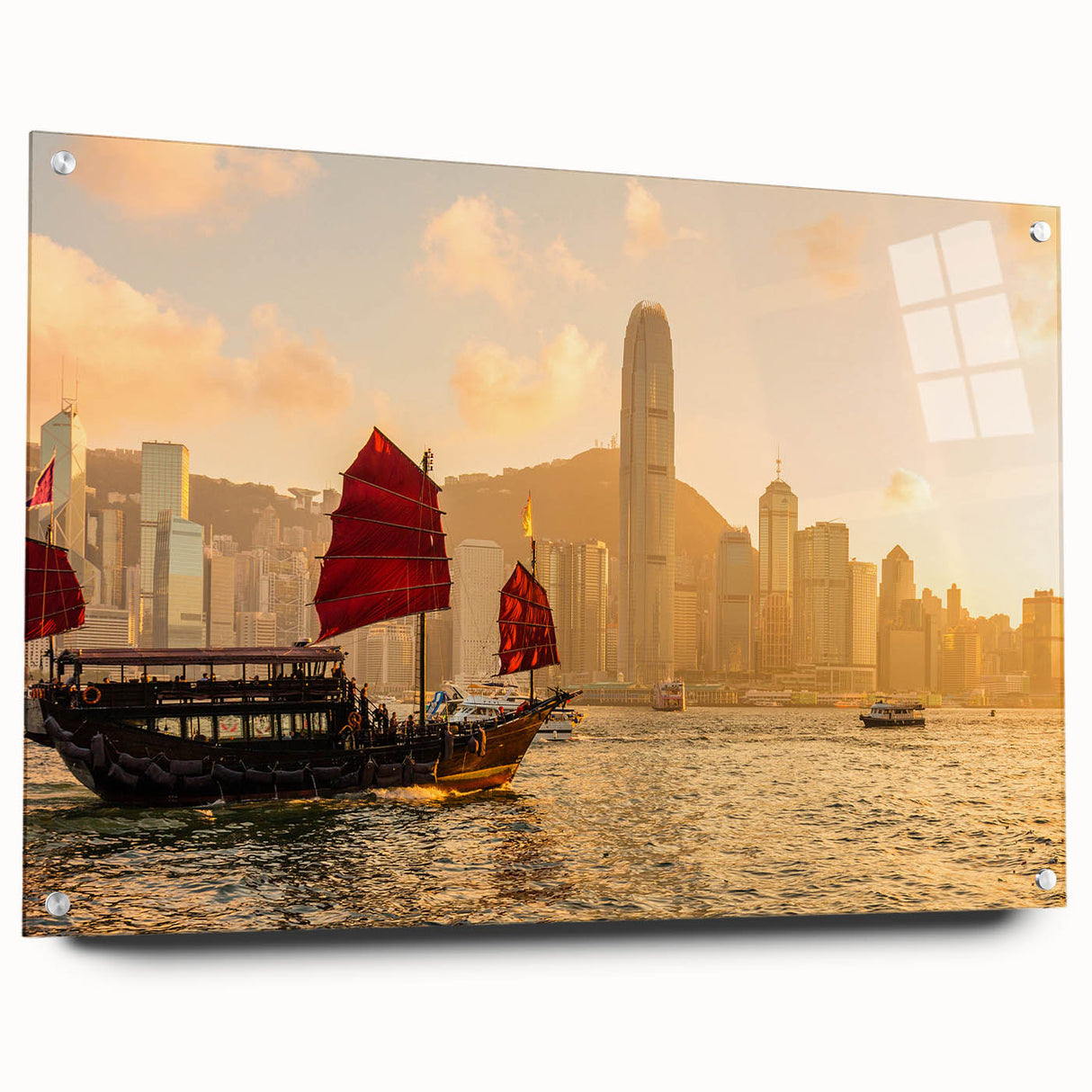 Acrylic print of a large abstract depiction of Hong Kong's skyline in muted gray and blue tones.