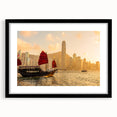 Extra large abstract art print of Hong Kong scenery with vibrant colors and textured design on a black framed canvas.