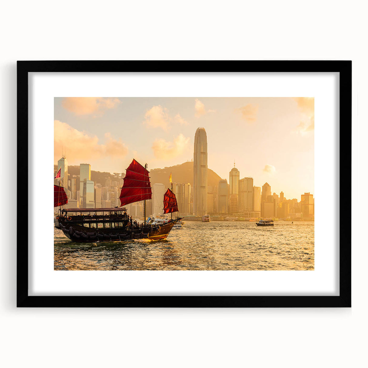 Extra large abstract art print of Hong Kong scenery with vibrant colors and textured design on a black framed canvas.
