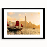 Extra large abstract art print of Hong Kong scenery with vibrant colors and textured design on a black framed canvas.
