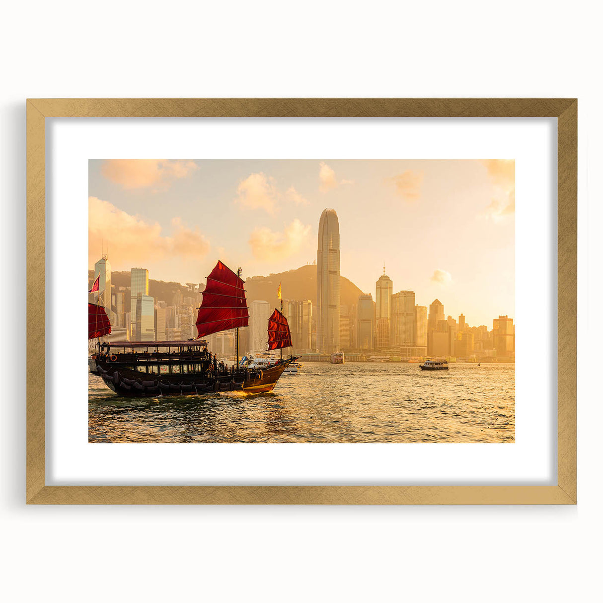 Extra large abstract art print of Hong Kong scenery in textured gold frame, featuring vibrant city hues.