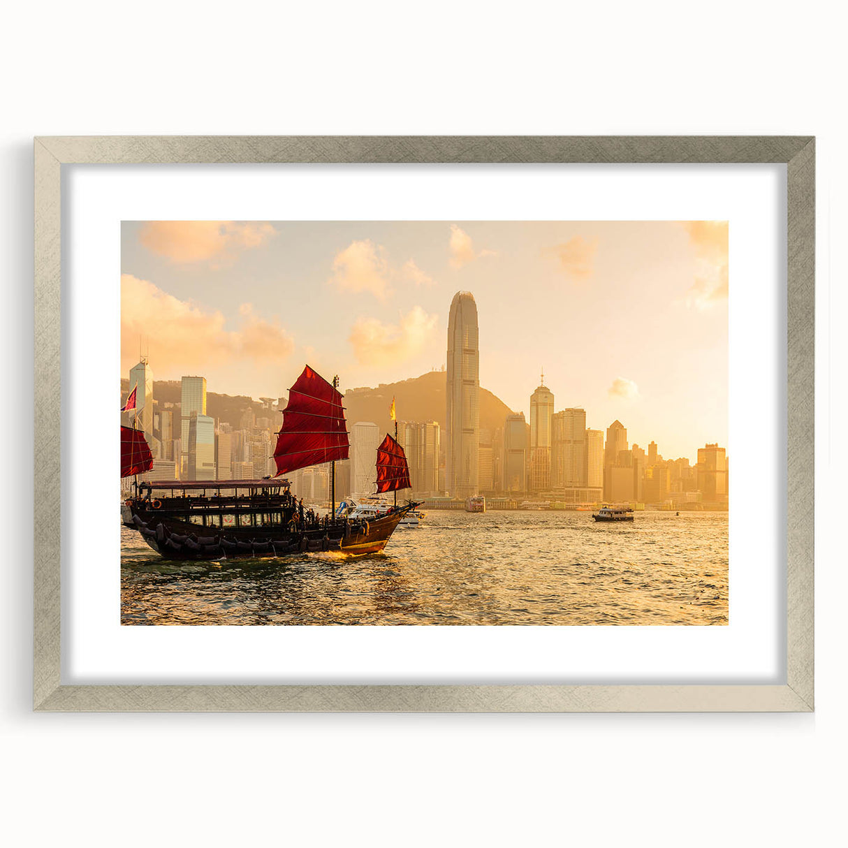 Textured abstract art print of Hong Kong skyline in muted gray tones on a framed canvas, ideal for bedroom art.