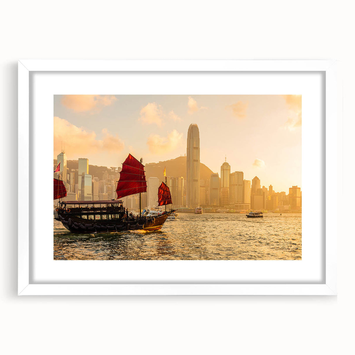 Abstract art print of a vibrant Hong Kong cityscape on a white framed poster, ideal for dining room decor.