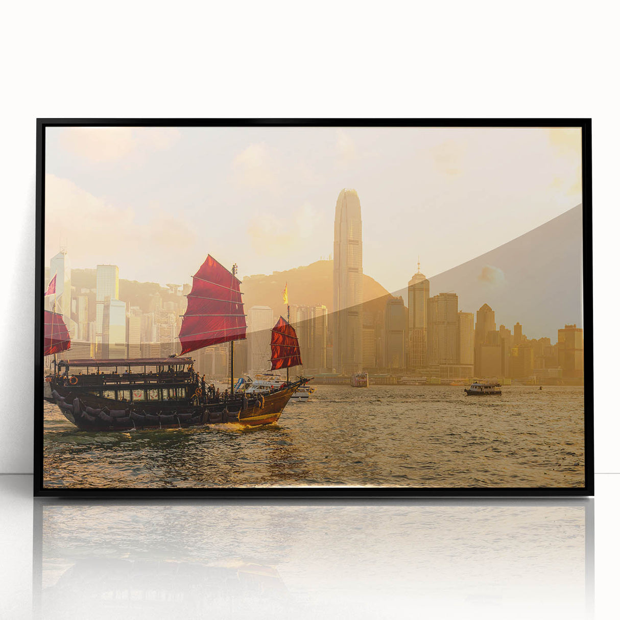 Large abstract wall art depicting the Hong Kong skyline in muted gray and blue tones on a black framed acrylic.