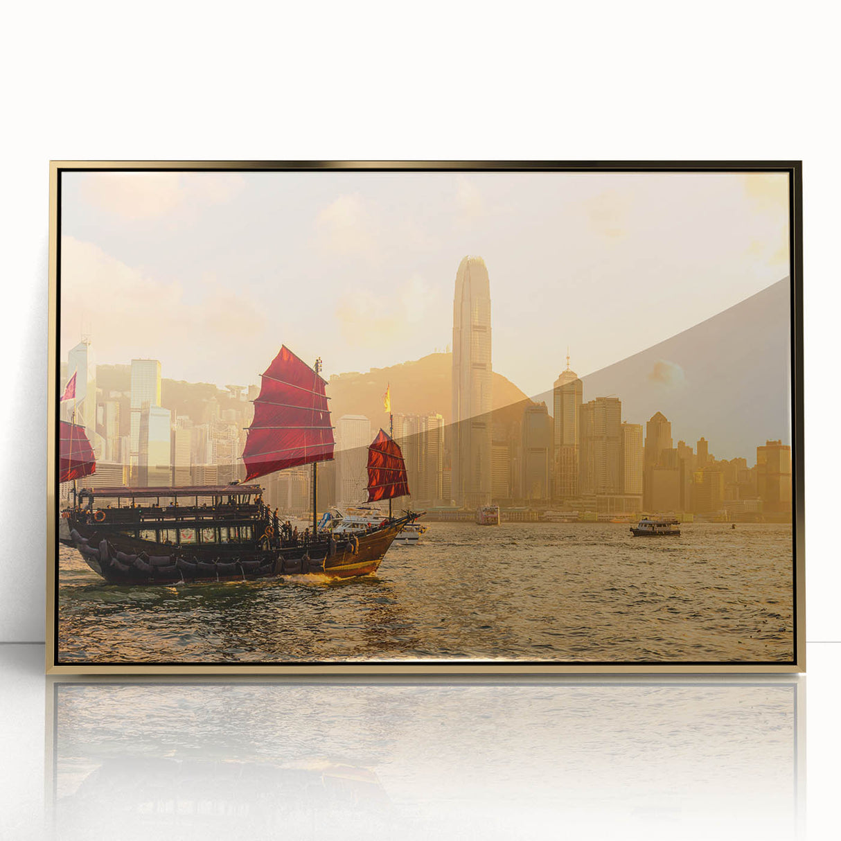 Framed acrylic print of Hong Kong skyline in gold and black tones, suitable for modern art wall decor.