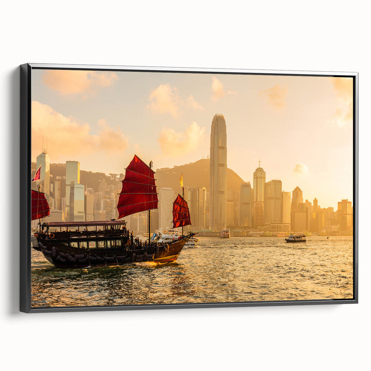 Black and white framed canvas of Hong Kong landscape, vintage poster style, ideal for bedroom wall decor.
