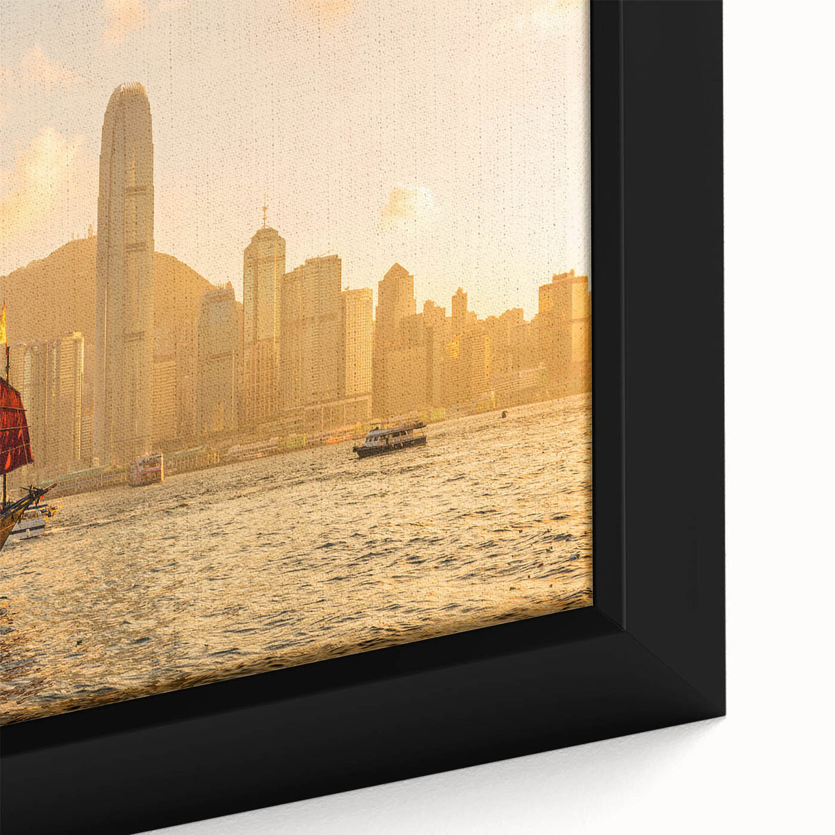 Textured black wall art of Hong Kong skyline with colorful accents on a framed canvas, ideal for living room decor.