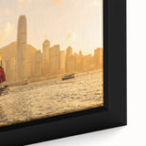 Textured black wall art of Hong Kong skyline with colorful accents on a framed canvas, ideal for living room decor.