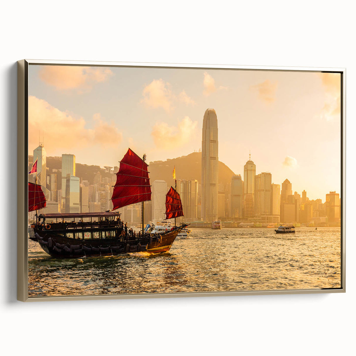 Framed canvas of vintage Hong Kong landscape in black and gold tones, suitable for bedroom wall art.