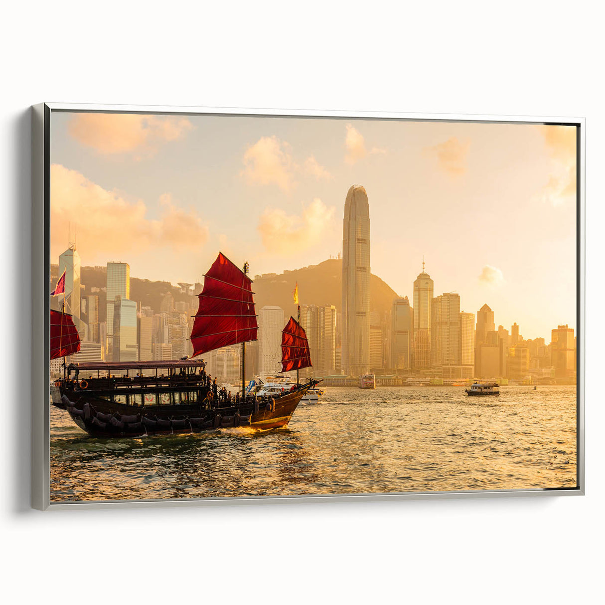 Framed canvas depicting a vibrant Hong Kong skyline with colorful art accents, ideal for modern living room decor.