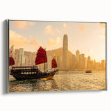 Framed canvas depicting a vibrant Hong Kong skyline with colorful art accents, ideal for modern living room decor.