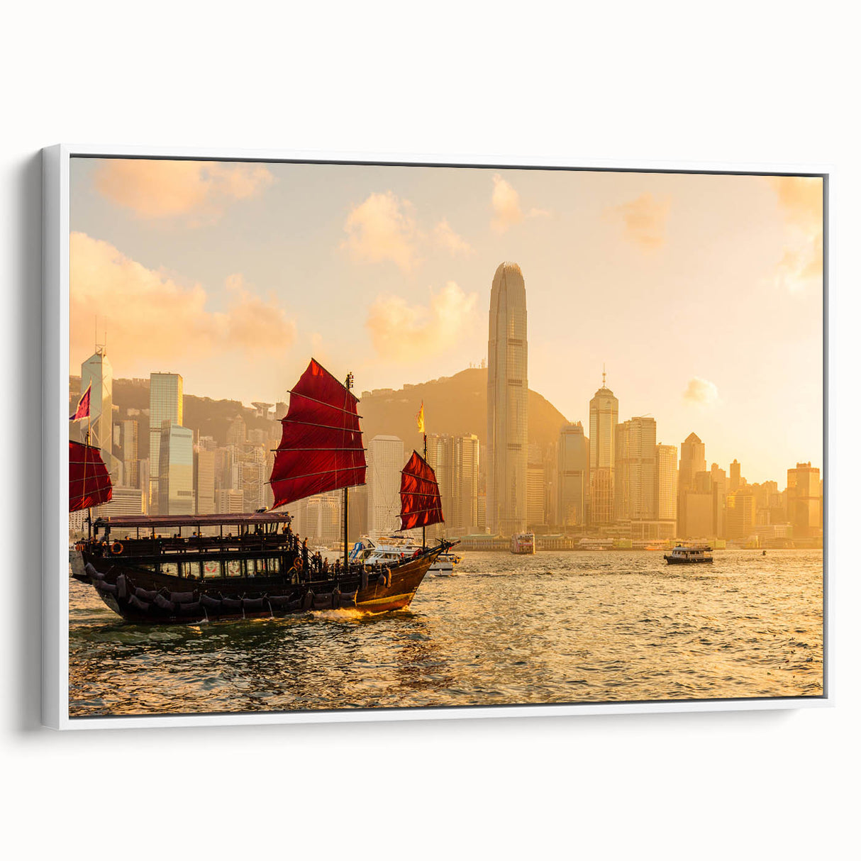 Vintage poster art of Hong Kong skyline in vibrant colors on extra large framed canvas, suitable for living room decor.