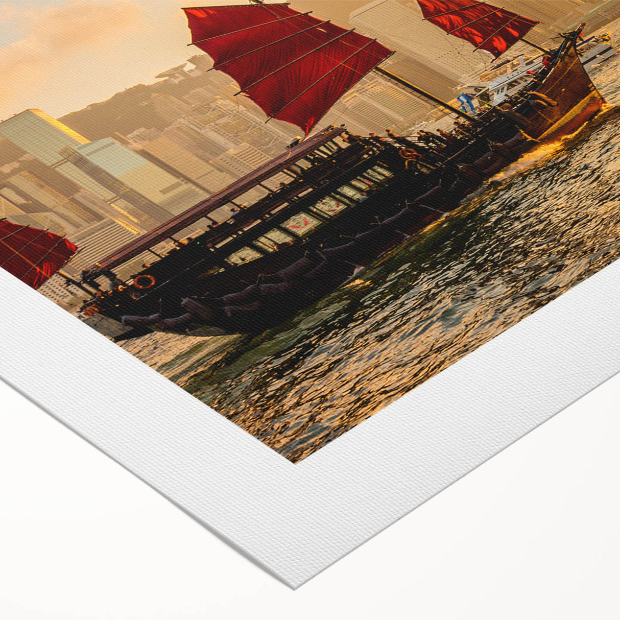 Art deco poster of Hong Kong skyline in muted gray and blue tones on rolled canvas, ideal for dining room wall art.