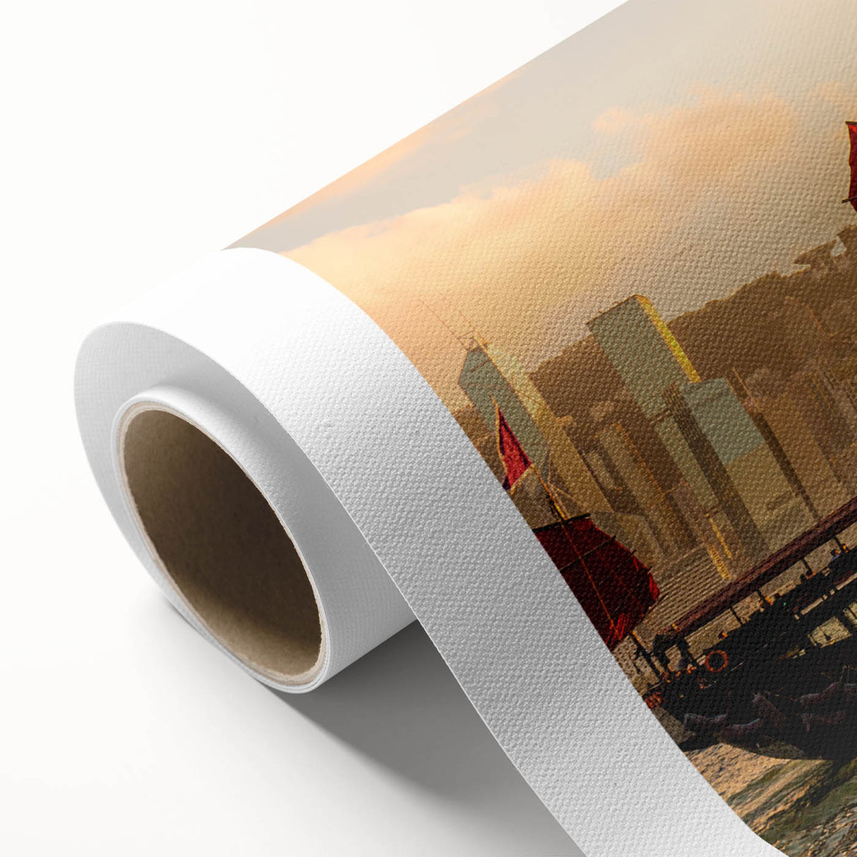 Art Deco style poster of Hong Kong skyline in muted gray and blue tones on rolled canvas, ideal for nursery wall art.