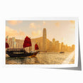 Hong Kong skyline at dusk in muted blue and orange tones on a rolled canvas, suitable for dining room wall art.