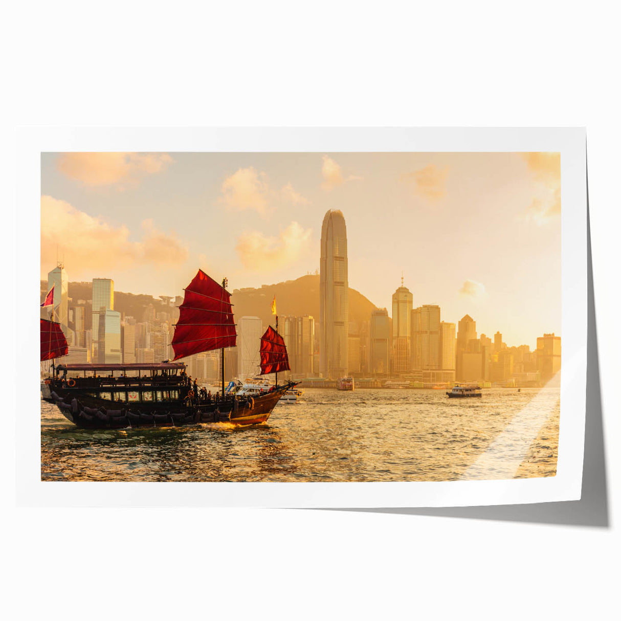 Hong Kong skyline at dusk in muted blue and orange tones on a rolled canvas, suitable for dining room wall art.
