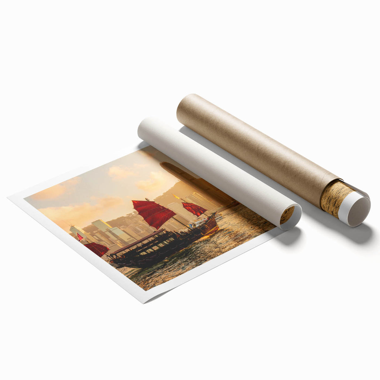 Extra large rolled print of Hong Kong skyline with pastel shades, ideal for classy bathroom wall art.