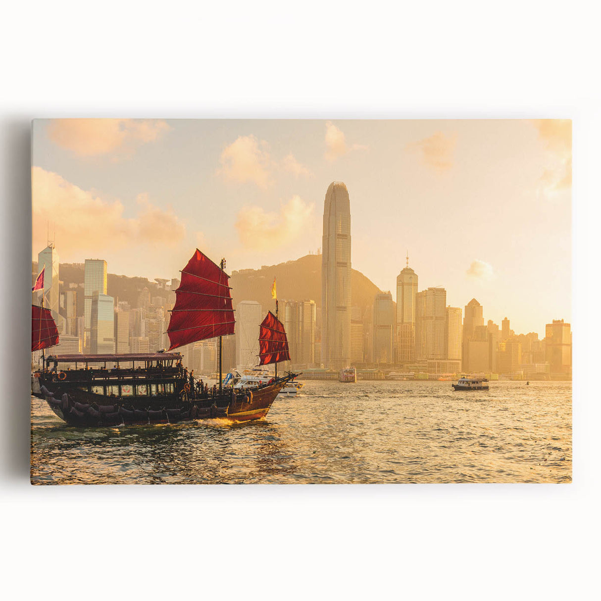 Black and white stretched canvas of Hong Kong skyline, ideal for kitchen wall art.