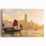 Black and white stretched canvas of Hong Kong skyline, ideal for kitchen wall art.
