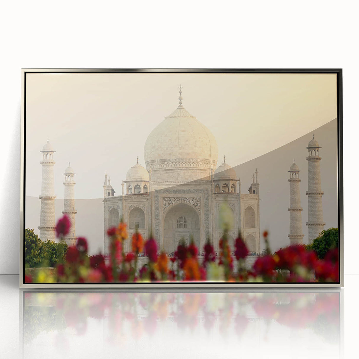 Mid-century modernist art depicting an Indian landscape in muted earth tones on a framed acrylic print.
