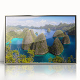 Mid-century modernist art depicting an Indonesian landscape in muted earth tones on a framed acrylic panel.