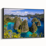 Black and white framed canvas of an Indonesian landscape, ideal for bedroom wall decor.