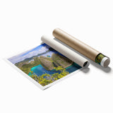 Extra large rolled print of a serene Indonesian landscape in soft green and blue hues.