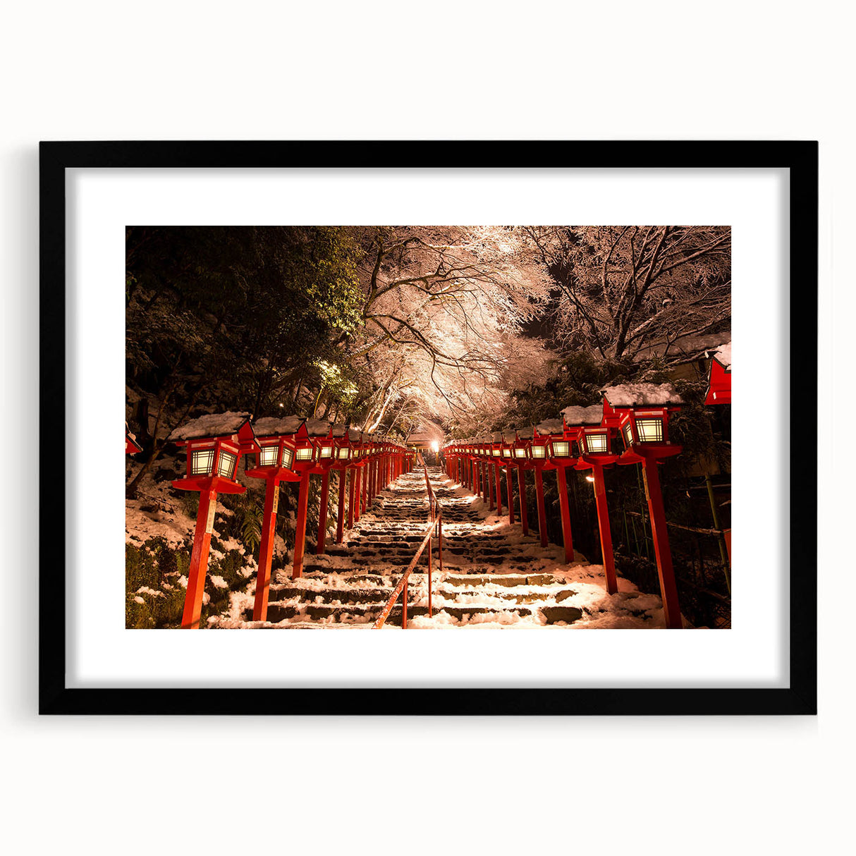 Extra large abstract art print featuring vibrant, colorful Kyoto scenery on a textured canvas, framed in black.