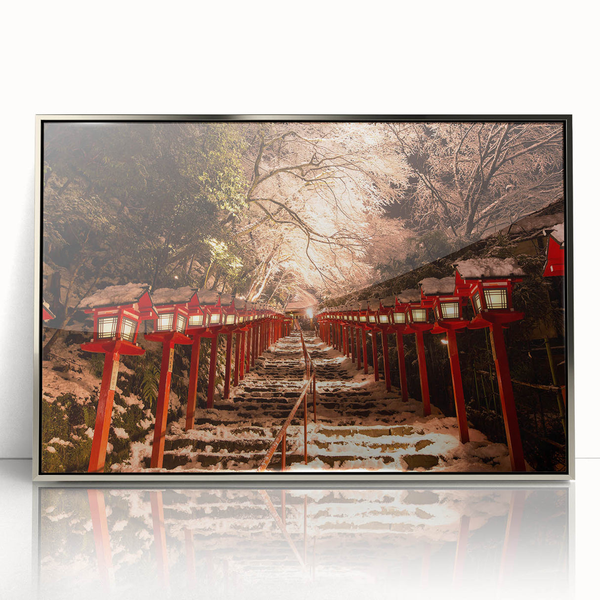 Mid-century modernist art depicting a serene Kyoto landscape in muted greens and blues on a framed acrylic panel.