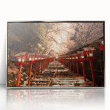 Mid-century modernist art depicting a serene Kyoto landscape in muted greens and blues on a framed acrylic panel.
