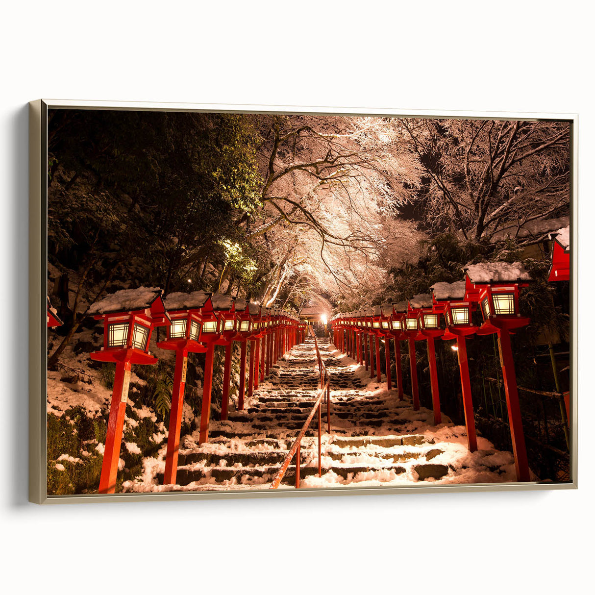 Framed canvas depicting a vintage-style Japanese landscape in black and gold tones, ideal for bedroom wall art.