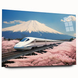 Large abstract depiction of Mount Fuji in muted blues and whites on acrylic glass, ideal for bedroom or dining room art.