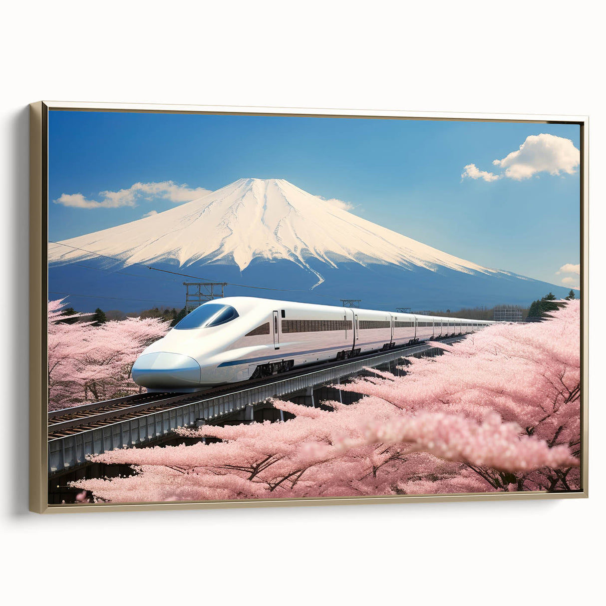 Framed canvas featuring a vintage-style landscape of Mount Fuji in muted gold and black tones, ideal for bedroom wall art.
