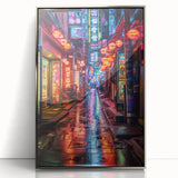Mid-century modernist art depicting Tokyo skyline in muted silver and gray tones on a framed acrylic print.