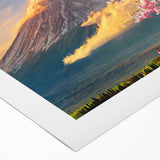 Art deco poster featuring a serene Japanese landscape in muted green and blue tones on rolled canvas.