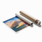 Extra large rolled print depicting a serene Japanese scenery with cherry blossoms in soft pink and white hues.