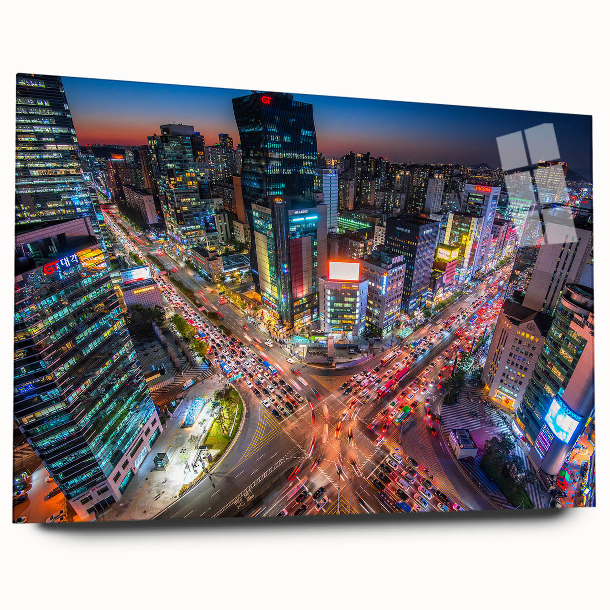 Large abstract wall art of Seoul's skyline in muted blue and gray tones on acrylic glass.