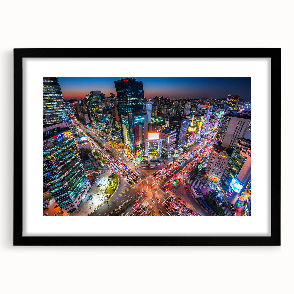 Extra large abstract art print of Seoul skyline in colorful, textured style on a black framed canvas.