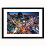 Extra large abstract art print of Seoul skyline in colorful, textured style on a black framed canvas.