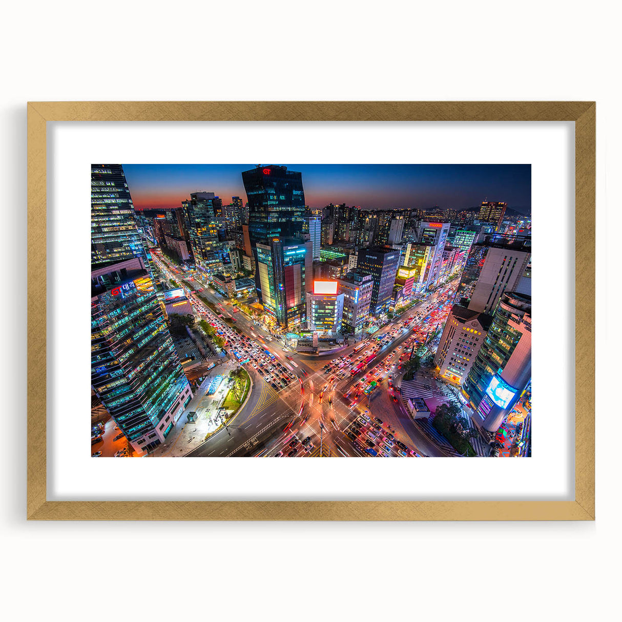 Extra large abstract art print of Seoul skyline in textured gold frame, ideal for living room decor.