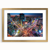 Extra large abstract art print of Seoul skyline in textured gold frame, ideal for living room decor.